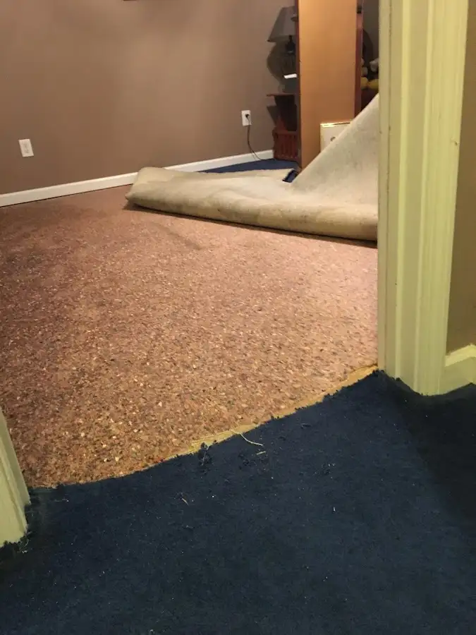 Carpet pad removal revealing water damage during Water Mitigation Services in College